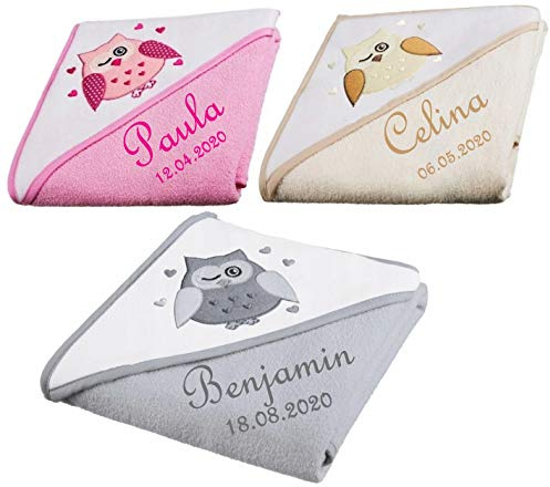 Maxi Baby Kapuzentuch mit Namen bestickt Eule grau rosa beige Kapuzenhandtuch Handtuch Kinder (beige)