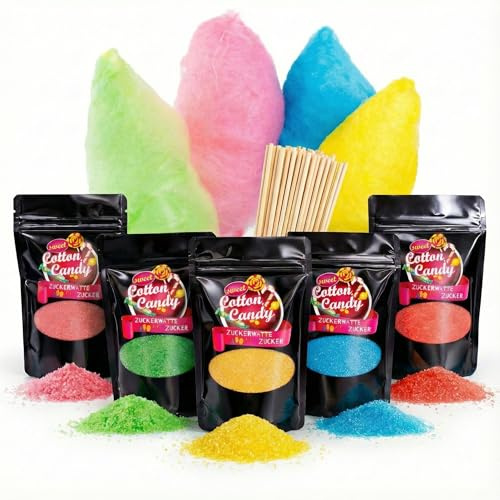 Zuckerwatte Zucker Set 5 Sorten à 200g + 50 Stäbe – Aromazucker für Zuckerwattemaschine – Bubblegum, Erdbeere, Apfel, Vanille, Kirsche – Partyzucker für Kindergeburtstag, Jahrmarkt & Feste