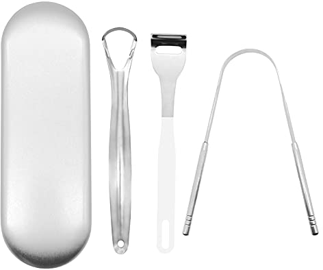 Zungenreiniger Set, Edelstahl Zungenreiniger Oral Tongue Scraper Reduce Bad Breath Tool mit Travel Small Case (3Pack, Silber)