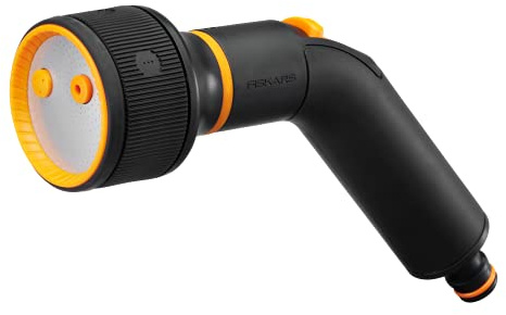 Fiskars Pistolet Pulvérisateur , 3 Modes, avec jet, Bruine et Brouillard, Pulvérisation réglable en continu, Contrôle du débit ON/OFF commandé par le pouce, Taille universelle, Noir/Orange, 1052183