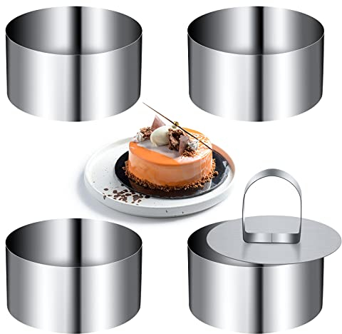 HOLEMZ Mousse Círculo Pastel Molde para Tartas de Acero Inoxidable Cocina Redondos para Cocinar Pasteles Postres Hacer Ensaladas con Empujador 4 Piezas