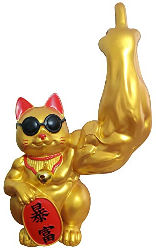 LGYKUMEG Winkekatze Gold Figur deko 27cm mit mittelfinger Glückskatze für Büro, Wohnzimmer und Winkekatzen Liebhaber.