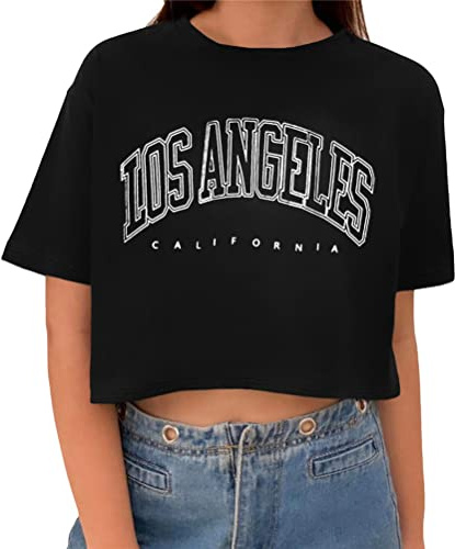 Tomwell T-Shirt Damen Crop Top Kurzarm Sportshirt Sexy Oberteil Bauchfrei Sommer Vintage Crop Tshirt mit Los Angeles Brief Lose Rundhals Teenager Mädchen Bluse A Schwarz XS
