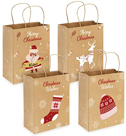Anstore 24 Stück Papiertüten Weihnachten Geschenktüten mit Griff, 21 x 11 x 27 cm Geschenktaschen mit verschiedenen Weihnachtsmotiven, Braun Kraftpapiertüten für Geschenke Mitgebsel Süßigkeiten Party