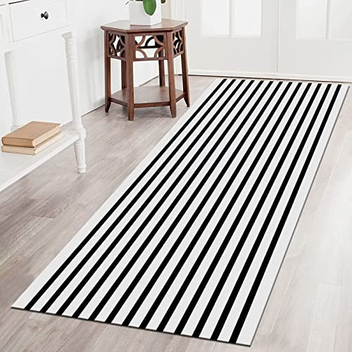 Teppich Läufer Flur Küche Schwarz Weiß Geometrisch rutschfest Waschbar, 50X150CM Korridor Teppichläufer Meterware Küchenläufer Tepiche für Wohnzimmer Schlafzimmer Kinderzimmer Esszimmer Küchenmatte