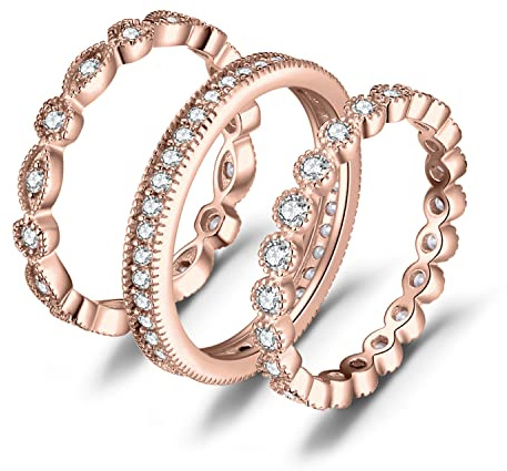 JewelryPalace 3Pcs Anillo Plata Mujer 14K Oro Rosa con Circonitas, Infinito Eternity Marquesa Bandas de Boda Apilables, Anillos Triple Fino Clásicos Niña, Conjunto Anillos Joyas de Mujer Talla 7-26 9