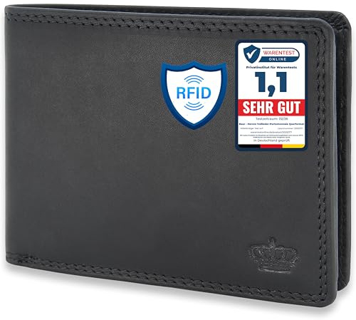Baur Herren Geldbörse – Echtes Leder mit RFID-Schutz – Großes Vollleder-Portemonnaie im Querformat mit 9 Kartenfächern und Münzfach (Querformat mit Druckknopf innen, Schwarz)