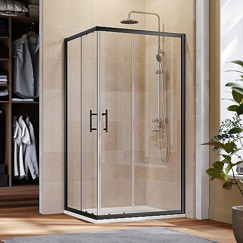 ELEGANT 900 x 700 mm Black Corner Entry Shower Enclosure 6mm Extra Toughened Safety Glass Sliding Shower Door Screen Panel