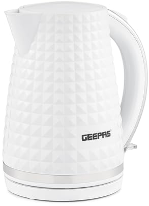 GEEPAS 1.7L Cordless Electric Kettle | Textured Kettle with 360° Rotational Base & Concealed Heating | Auto Shut Off Boil Dry Sensor | Space Saving Cord Storage and LED Indicator | 2200W Argyle White