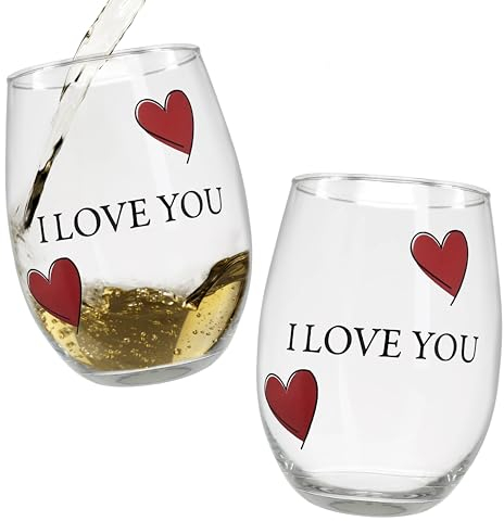 BANBERRY DESIGNS Lover's Lot de 2 verres à vin sans pied avec cœurs décoratifs Inscription « I Love You » Motif cœur romantique 590 ml