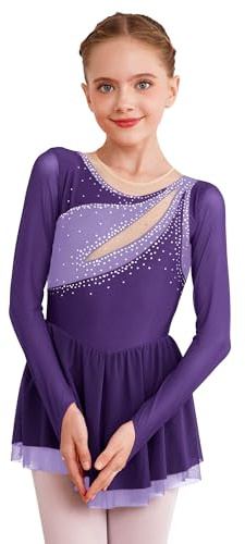 TiaoBug Mädchen Eiskunstlauf Kleid Langarm Glitzer Tanzkleid | Mesh Spleiß Body mit Faltenrock Kürkleid Skaterkleid