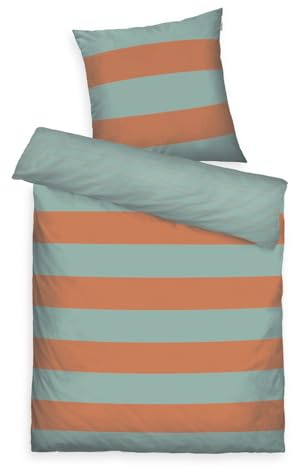 TOM TAILOR Renforcé-Bettwäsche, 80x80 cm + 155x220 cm, 100% Baumwolle/Renforcé, mit Wendemotiv und farbigem Markenreißverschluss, BOLD STRIPES Orange, Türkis (Warm Coral & Fresh Sage)