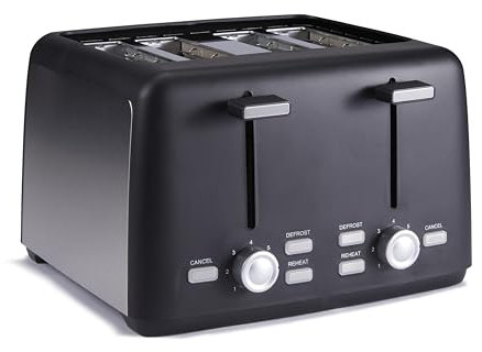 Amazon Basics Tostapane 4 Fette con 7 Livelli di Doratura e Vassoio Raccogli Briciole Estraibile, Slot Extra Larghi, 1500W, Nero