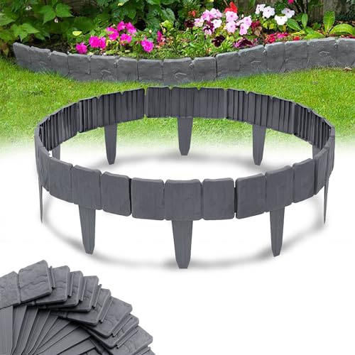 MAYTIIMO Rasenkante Kunstoff in Steinoptik Beeteinfassung Gartenpalisade Beetumrandung Mähkante Anthrazit, 25 x 23 cm, 20Pcs - 5 m