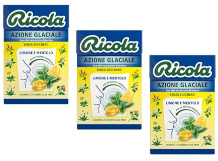 Ricola® | Bombón de acción de hielo | Dulces de hierbas suizas beneficiosos y refrescantes | Caramelos Mentol Limón Sin Azúcar - 3 Cajas (150 Gr)