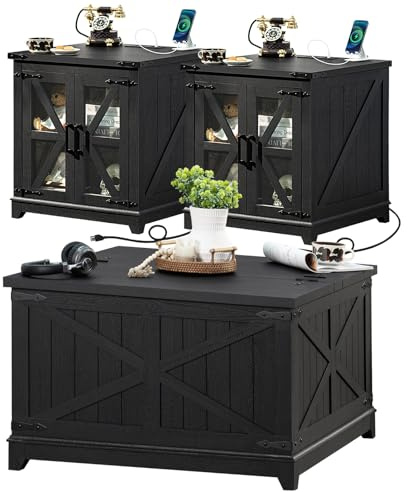 Farmhouse Coffee Table Sets 3 Pieces, Large End Side Tables with Charging Station and Coffee Table with Hidden Storage Compartment, Black Living Room Table Set, Wood Furniture Sets for Home Office