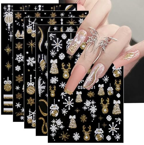 JMEOWIO Nagelsticker Weihnachten Glitzer 8 Blatt Nail Art Sticker Selbstklebend Nagelaufkleber Schneeflocke Winter Urlaub Süß Dekoration Nageldesign Zubehör