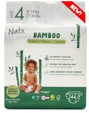 Naty Bamboo - Pañales de viscosa de bambú – suavidad sedosa, pañales de origen vegetal, dermatológicamente testados para piel sensible y súper absorbentes (talla 4, 144 unidades)