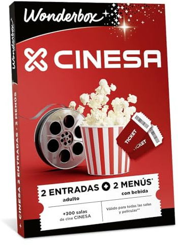 WONDERBOX - Caja Regalo - Cine + Menú - para 2 Personas | 2 entradas adulto + 2 menús palomitas con bebidas - Más de experiencias - Más de 300 salas de cine CINESA en España