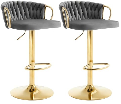 WOLTU Barhocker 2er Set, Barstühle höhenverstellbar 360° drehbar, Küchenhocker mit geflochtener Rückenlehne Fußstütze, Samtstuhl mit Metallrahmen, Dunkelgrau, BH426dgr-2
