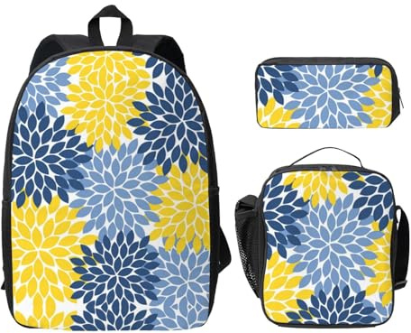 SDFCUMDM Dahlia Pinnata Print Cartable + Trousse + Sac à déjeuner Combinaison pour tous les jours, Noir , Taille unique