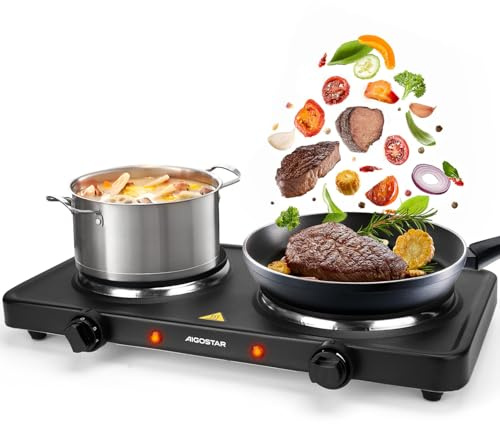 Aigostar Kochplatte 2500W, Herdplatte 2 kochfelder, mit 2 Brennern von 185mm und 155mm Durchmesser, 5 Stufen einstellbarer Thermostat, Anti-Rutsch-Pad, geeignet für Camping
