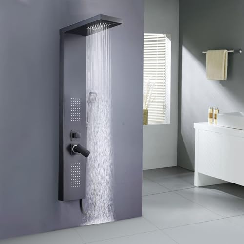 Probility Duschpaneel aus Edelstahl für den Eckeinbau 4 Funktionen mit Handbrause, Regenbrause, 2 Massageduschen, Wasserfallbrause, komplettes Duschzubehörset, Geeignet für Eckmontage (Schwarz)