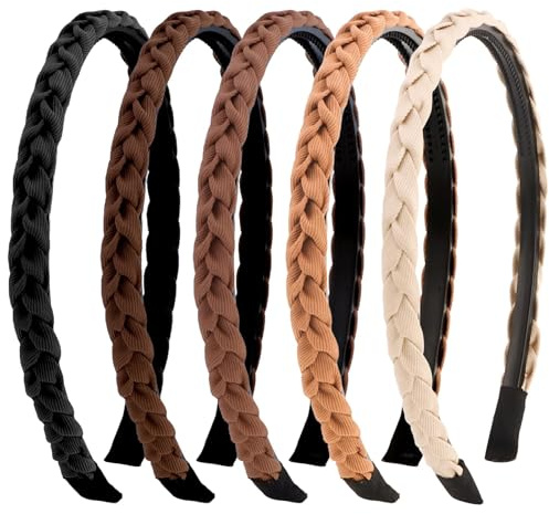 FloralGrace 5 Stück Haarreif Dirndl für Frauen Mädchen Dünne Haarreifen Nicht Rutschen, Geflochtener Haarreif mit Zähnen, Bequemer Brauner Haarband, Flexible Haarreifen mit Stoff