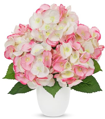 Arborus Fiori artificiali di ortensia in vaso bianco, 33 cm, composizione di fiori in seta realistica con foglie verdi e ciottoli, decorazione da tavolo, fiori rosa finti per casa, cucina, soggiorno