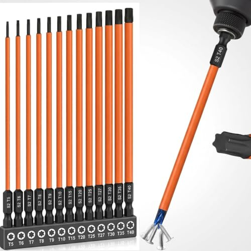 13-teiliges langes Torx-Bit-Set für Schlagschrauber, Sechskantschaft, Torx-Schraubendreher-Bit, magnetisch, S2-Stahl-Stern-Bit-Set (T5-T40), 150 mm (6 Zoll)