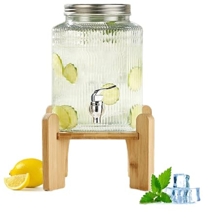Dispensador de Bebidas de Cristal con Grifo - Garrafa de Cristal de Boca Ancha con Tapa y Soporte de Bambú para zumos helados, agua, bebidas caseras, fiestas, bodas,6l