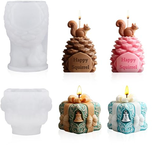 Demarsen 2 Stück Kerzenform Silikon,3D Geschenkbox Kerzenform und Silikonform Eichhörnchen,DIY Kerzengießform für Weihnachten Deko & Bastelarbeiten