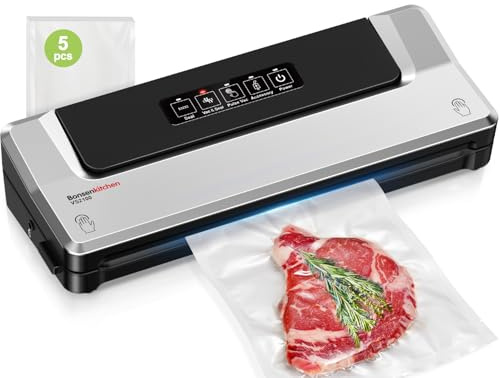 Bonsenkitchen Vacuum Sealer, Globefish Technology for High-Speed Continuous Working, Multi-Functional Vacuum Sealer Machine for Sous Vide Cooking and Food Stay, Includes 5 Vacuum Bags (Silver)