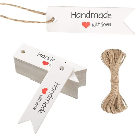 100 Stück Geschenkanhänger Handmade with Love Anhänger Kraftpapier, Handmade Label mit Jutekordel 20 Meter, Dekorative Hängeetiketten für Weihnachten Hochzeit Geburtstag Ostern Valentinsta Geschenke