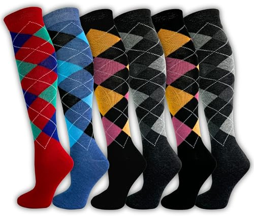 Generisch Lot de 6 paires de chaussettes d'équitation pour femme - Taille confortable - Coton - À carreaux - Respirantes