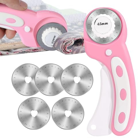 Taglierina rotante per | Taglierina rotativa per taglio tessuto da 45 mm con impugnatura ergonomica | con 5 lame aggiuntive, cambio rapido, pulsante di sicurezza per quilting, piegatura