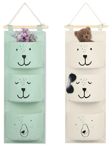 AOOWU Stuffed Animal Storage, 2 Pack Fabric Storage Bags with 3 Large Pockets, Children's Hanging Room Door Storage, Over The Door Organizer Storage for Nursery, Bedroom, Bathroom, Kids Room