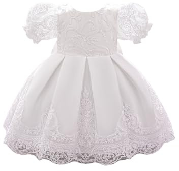 inhzoy Baby flicka blomsterflicka klänning puffärmar broderi rosett tyll prinsessklänning A-linje för festliga bröllop fest, Vit, 74-80