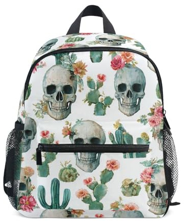 Wudan Rucksack mit Boho-Totenköpfen und Blumen, Kaktus, mit Taschen, für Jungen, Schüler, Büchertaschen