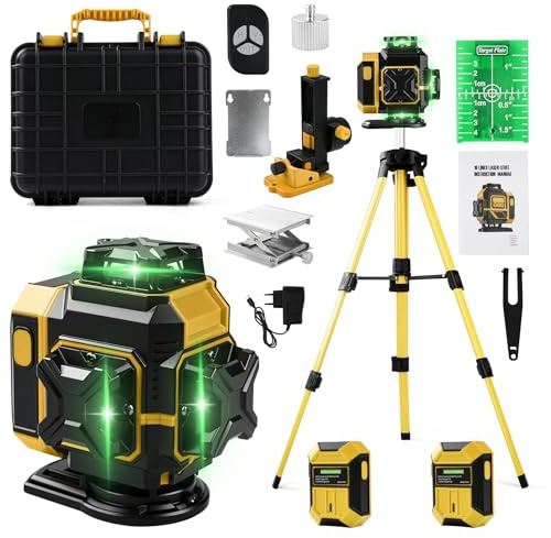 Kreuzlinienlaser 16 Linien mit Stativ, 4 x 360 °Laser Wasserwaage, Grün Linienlaser Kreuzlaser Selbstnivellierend Nivellierlaser, für Innenbereich Baustelle, 2 x 3600mah Akkus (Gelb)
