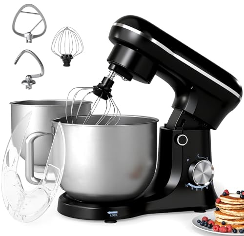 SOLIDEE Stand Mixer, 4.5L + 5.5L Food Mixers for Baking, 10-Speed 1500W Electric Kitchen Cake Mixer with Dough Hook, Whisk, Beater & Anti-Splash Lid, Dishwasher Safe, Black