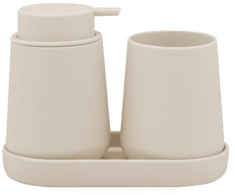 eluno Badezimmer-Set TESERO mit Soft-Touch Oberfläche, Bad-Accessoires Set 3tlg. bestehend aus 1x Seifenspender, 1x Becher und 1x Schale, ideal für Badezimmer und Küche aus Kunststoff (Beige)