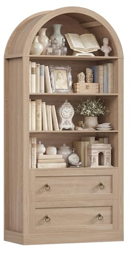 FirFurd Bookcase Arched Bookcase with Drawers Arched Display Cabinet Freestanding Tall Bookshelf with Open Shelves Shelving Unit for Living Room Kitchen 79.5x36x177cm Oak