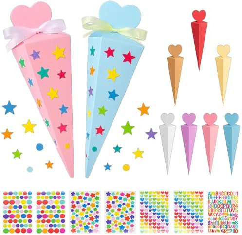 Jonuin 35 bolsas escolares pequeñas con pegatinas, bolsas escolares para manualidades, 7 colores, bolsas de azúcar plegables pequeñas con pegatinas personalizadas, mini bolsa escolar para niñas y