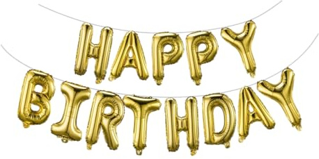 Gold Happy Birthday Balloons Banner 16 Inch Mylar Foil Letters, Inflatable Party Decor and Birthday Decorations for Women, Men, Boys & Girls Kids and Adults, Reusable, Party Supplies
