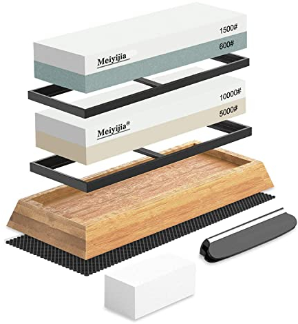 Meiyijia Piedra Afilar Cuchillos - kit piedras de afilar cuchillos con Base antideslizante Silicona Guía ángulo piedra aplanadora correa cuero (600/1500+5000/10000)
