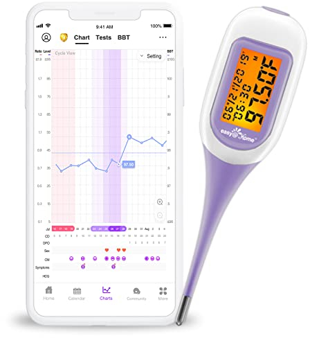 Easy@Home Basalthermometer Fruchtbarkeitsthermometer Bluetooth zur Zykluskontrolle/Kinderwunsch mit Premom APP, Thermometer mit Auto BBT Sync, Oranger Hintergrundbeleuchtung LCD-Anzeige, lila