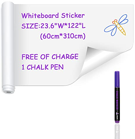 Ezigoo Whiteboard Paper Sticker Adhesive Chalkboard Paper Roll Removable Memo White Board Wall Decal Film for Home Kitchen Office School Memo - 1 Roll with 1 Chalk Marker Pen - 60cm x 310cm
