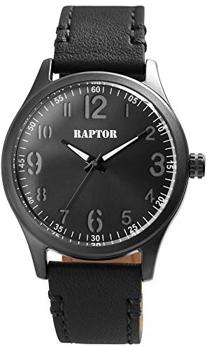 Raptor Herren-Uhr Echt Leder Armband Leuchtende rund Zeiger Analog Quarz RA20292 (schwarz/anthrazit)
