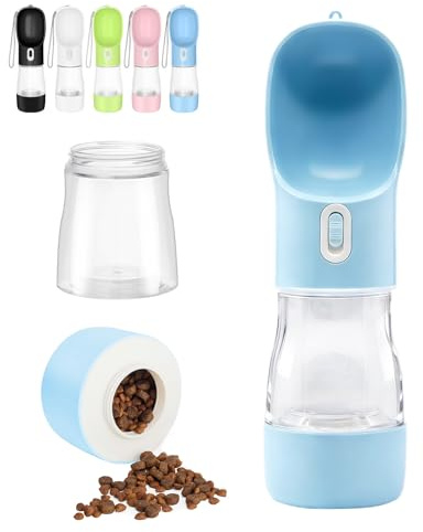 Trinkflasche Hunde für Unterwegs mit Futterbehälter 258 ml, Blau | BPA-Freiem, Tragbare Hundetrinkflasche auslaufsicherer, für Welpen Kleine Mittel, Spaziergänge, Reisen, Wandern